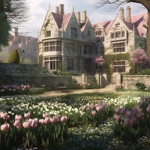 create a rendering of The Spring court Manor from A Court of Thorns and Roses. The manor is described as a sprawling estate veiled in roses and ivy, with patios and balconies and staircases sprouting from its alabaster sides. Amethyst irises and pale snowdrops and butter-yellow daffodils bloom in the balmy breeze of the Spring Court. A grand marble staircase leads to the giant oak doors of the estate. Inside, there are black-and-white checkered marble floors, countless doors, a sweeping staircase and vases overflowing with fat clusters of hydrangea.