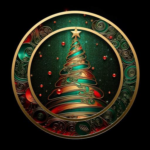 create a round christmas design, red and green, gold glitter, christmas tree, decorative, digital art ==37:32 --v 5.1