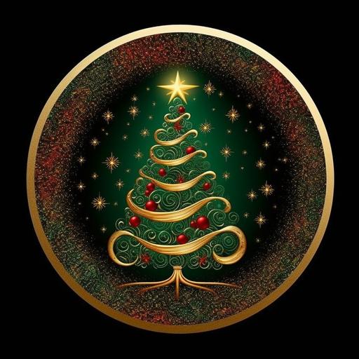 create a round christmas design, red and green, gold glitter, christmas tree, decorative, digital art ==37:32 --v 5.1