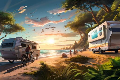 create a scene of a beautiful sand beach with an rv sitting nearby overlooking the water while a couple are riding their electric bikes along the path neaerby --ar 3:2