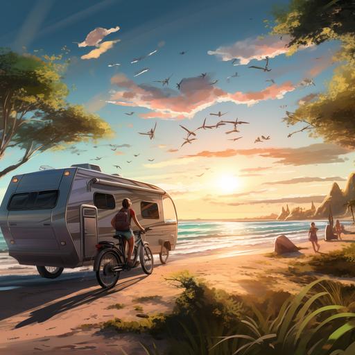 create a scene of a beautiful sand beach with an rv sitting nearby overlooking the water while a couple are riding their electric bikes along the path neaerby