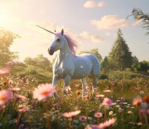create a scene with realistic unicorns in a meadow, 8k, vibrant --ar 37:32 --v 5.1