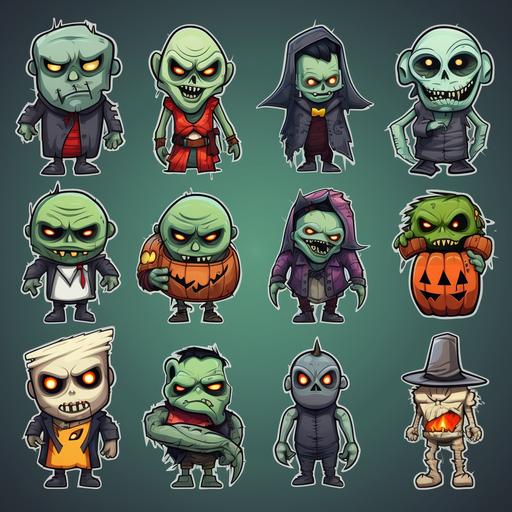 create a set of halloween stickers in a cartoon style. Full body, include ghosts, creatures, skeletons, zombies, vampires, Frankenstein's monster, and mummies.