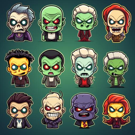 create a set of halloween stickers in a cartoon style from marvel. Full body, include ghosts, creatures, skeletons, zombies, vampires, Frankenstein's monster, and mummies