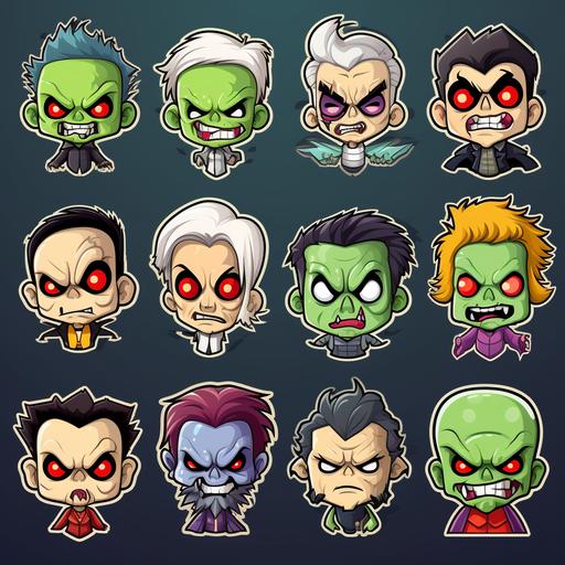 create a set of halloween stickers in a cartoon style from marvel. Full body, include ghosts, creatures, skeletons, zombies, vampires, Frankenstein's monster, and mummies