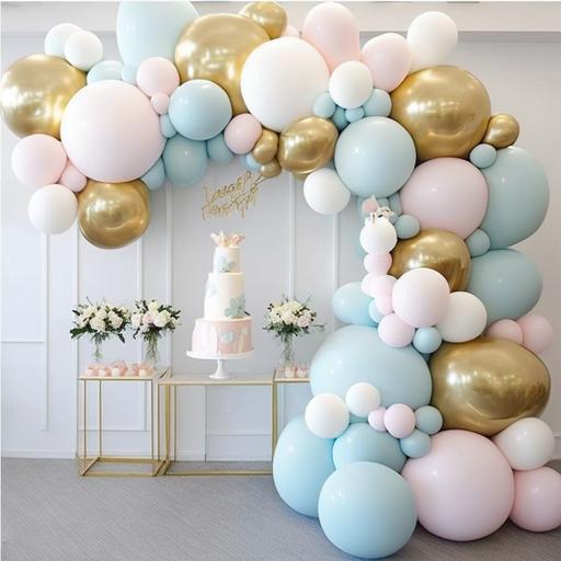 create a simple party decoration with a very realistic light pink light blue and gold balloon arch garland