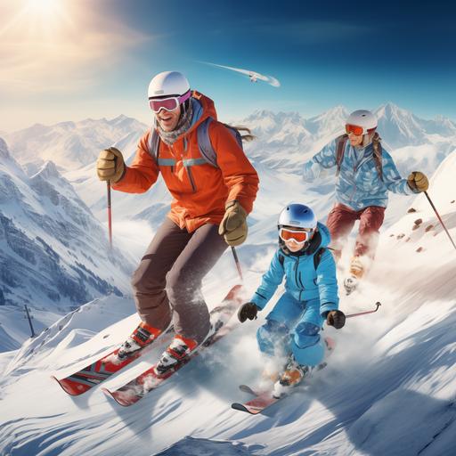 create a skiier and their kids learning to ski down the mountain