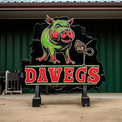 create a solid black color 3d logo sign that say DEVIL DAWGS SMOKED MEATS, the colors are black, white, and red, there are swirls of paint drips in the back ground of green and gold there is a fat pig wearing a cowboy hat, sitting on top of a extra large BBQ Smoker grill. A BBQ Smoker behind the name, hyper detailed, hyper realistic, 8k, panoramic camera shot