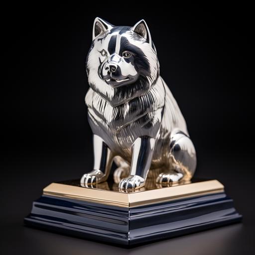 create a solid silver lifelike Akita statuette. The solid silver Akita statuette has a diamond embedded in its chest and looks eloquent. The Akita Statuette is set on a white marble Roman pedestal dimly lit in front of a black background with navy blue curtains hoisted back on both sides.