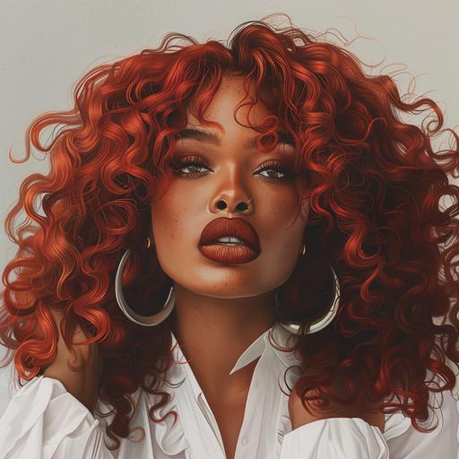 create a thick beautiful african america womans face with extra curly red hair to her shoulder, brown lip stick, hoop earrings with a fierce look in her eyes wearing a white blouse, cartoon look but realist look