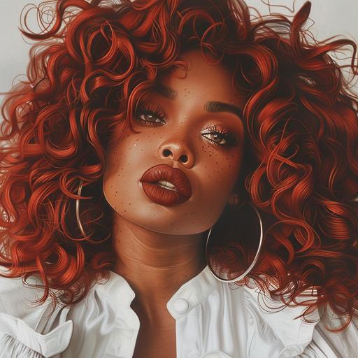 create a thick beautiful african america womans face with extra curly red hair to her shoulder, brown lip stick, hoop earrings with a fierce look in her eyes wearing a white blouse, cartoon look but realist look