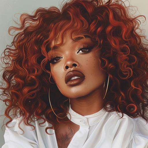 create a thick beautiful african america womans face with extra curly red hair to her shoulder, brown lip stick, hoop earrings with a fierce look in her eyes wearing a white blouse, cartoon look but realist look