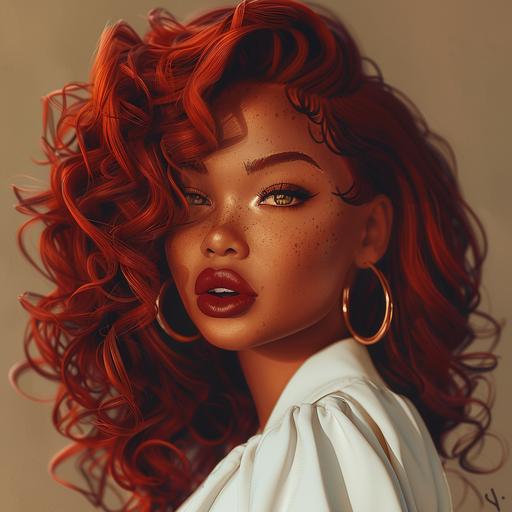 create a thick beautiful african america womans face with extra curly red hair to her shoulder, brown lip stick, hoop earrings with a fierce look in her eyes wearing a white blouse, cartoon look but realist look