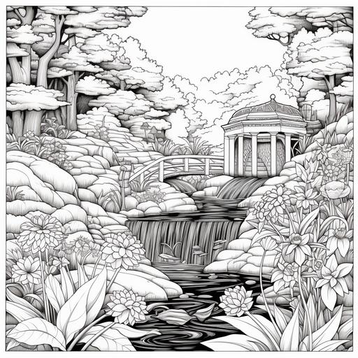 create a tranquil garden scene with flowing water and peaceful nature elements for a coloring page, low detail, no shading, no color