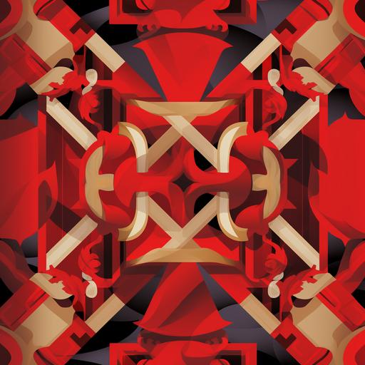 create a versace style seamless pattern of red camo with colorblocks and geometric shapes