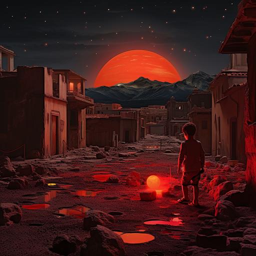 create a very realistic picture at night. The sky is red and orange. A volcano is erupting in the background with a red light. In the foreground only a little boy is playing with a ball in a stone street of the destroyed city of Pompei. On the right In the villas the opaque light of the rooms barely penetrates through the small alabaster slabs, illuminated by a few lamps that allow us to discover the mysterious myths and faces of the ancient Latins. statues of ancient latins in the street.