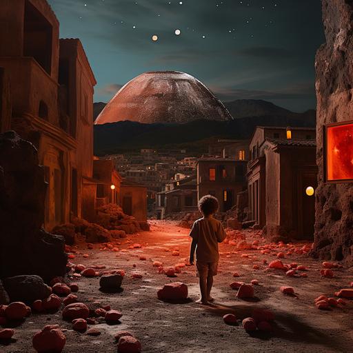 create a very realistic picture at night. The sky is red and orange. A volcano is erupting in the background with a red light. In the foreground only a little boy is playing with a ball in a stone street of the destroyed city of Pompei. On the right In the villas the opaque light of the rooms barely penetrates through the small alabaster slabs, illuminated by a few lamps that allow us to discover the mysterious myths and faces of the ancient Latins. statues of ancient latins in the street.