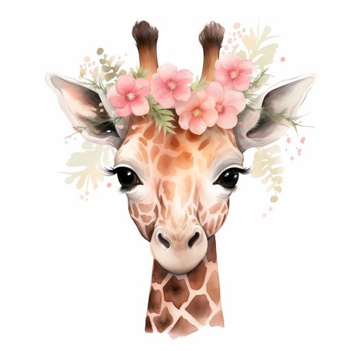 create a watercolor wild one woodland cartoon calf giraffe with a pink flower garland on the head with full body and overhead shot.