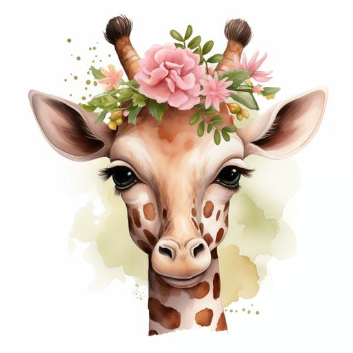 create a watercolor wild one woodland cartoon calf giraffe with a pink flower garland on the head with full body.