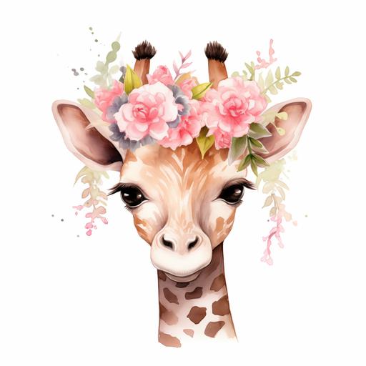 create a watercolor wild one woodland full body standing cartoon calf giraffe with a pink flower garland on the head