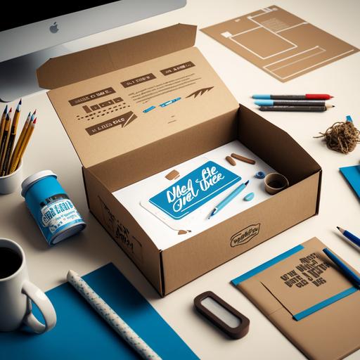 create a website design using and a high detailed blue mailer box with flaps on the sides a brown cardboard inside on a white table and having shirts, pens, name tags and socks inside with college items around it build a cool website design