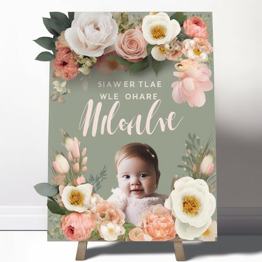 create a welcome baby board with flowers and write Welcome Baby Shahd on the board