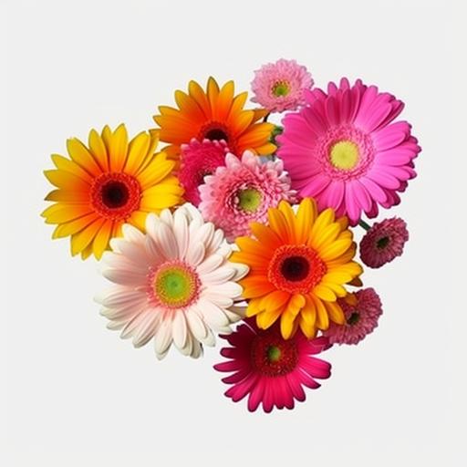 create a white background with pink, yellow and orange gerbera daisies and white daisies, 8k, vibrant --ar 12:12 --v 5