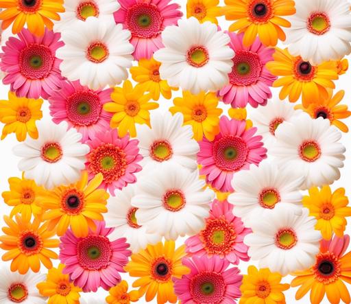 create a white background with pink, yellow and orange gerbera daisies and white daisies, seamless pattern, 8k, vibrant --ar 37:32 --v 5