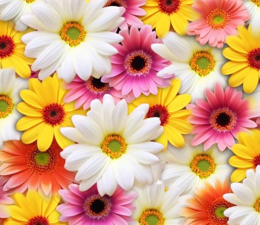 create a white background with pink, yellow and orange gerbera daisies and white daisies, seamless pattern, 8k, vibrant --ar 37:32 --v 5