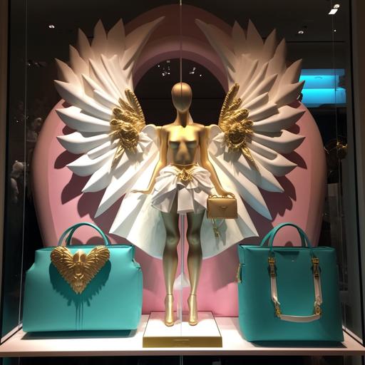 create a window display for a luxury retail store. There is a gold mannequin, holding a hot pink bag. The backdrop is white and turqoise. The mannequin has angel wings, and decorated with gold jewelry