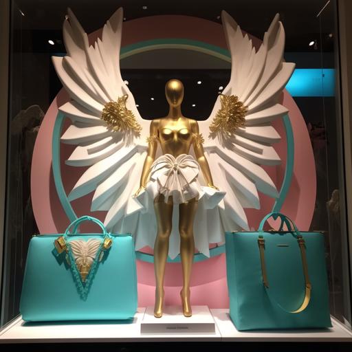 create a window display for a luxury retail store. There is a gold mannequin, holding a hot pink bag. The backdrop is white and turqoise. The mannequin has angel wings, and decorated with gold jewelry