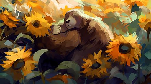 create an abstract digital painting of a sleeping female gorilla and her baby in a field of sunflowers, featuring flowing lines and dynamic shapes. The style should be fluid and expressive, with a sense of grace and movement, sunflower guerrilla garden --seed 1692453082 --ar 16:9 --v 5