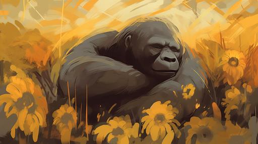 create an abstract digital painting of a sleeping female gorilla and her baby in a field of sunflowers, featuring flowing lines and dynamic shapes. The style should be fluid and expressive, with a sense of grace and movement, sunflower guerrilla garden --seed 1692453082 --ar 16:9 --v 5