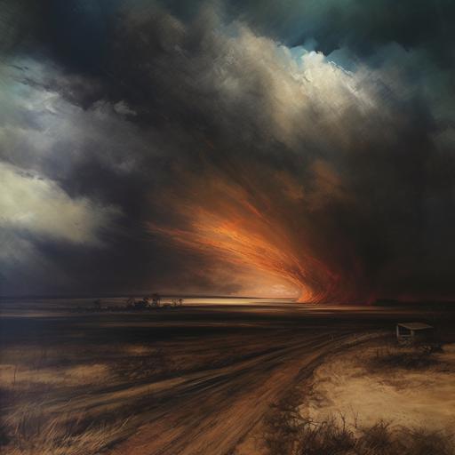 create an abstract oil painting of a storm and a dust bowl in the plains of nebraska, representing volatile weather, epic enviroment, ar--16:9 --v 5.1
