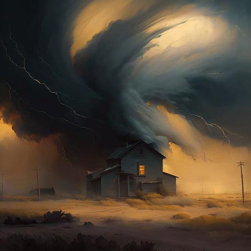 create an abstract oil painting of a storm and a dust bowl in the plains of nebraska, representing volatile weather, epic enviroment, ar--16:9 --v 4 --s 750