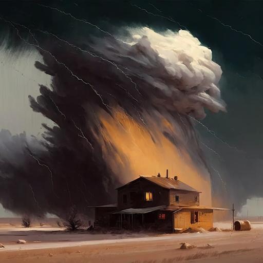 create an abstract oil painting of a storm and a dust bowl in the plains of nebraska, representing volatile weather, epic enviroment, ar--16:9 --v 4 --s 750