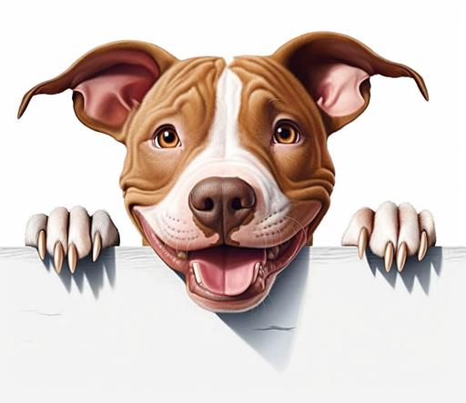 create an adult peeking pitbull smiling with front feet on a ledge, realistic, illustration, white background, 8k, vibrant --ar 37:32 --v 5.1