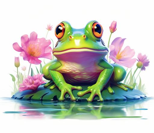 create an american bullfrog sitting on a mint colored lily pad, pink daisies, wild flowers, pixar style, cartoon, alcohol ink, white background, 8k, vibrant --ar 37:32 --v 5.1