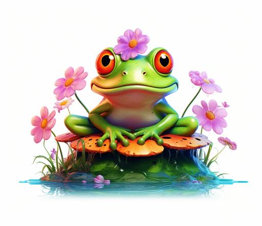 create an american bullfrog sitting on a mint colored lily pad, pink daisies, wild flowers, pixar style, cartoon, alcohol ink, white background, 8k, vibrant --ar 37:32 --v 5.1