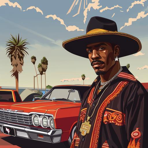 create an anime black male wearing a spanish mariachi costume in compton with lowrider cars a 1964 impala