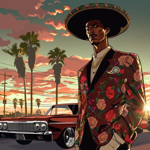 create an anime black male wearing a spanish mariachi costume in compton with lowrider cars a 1964 impala