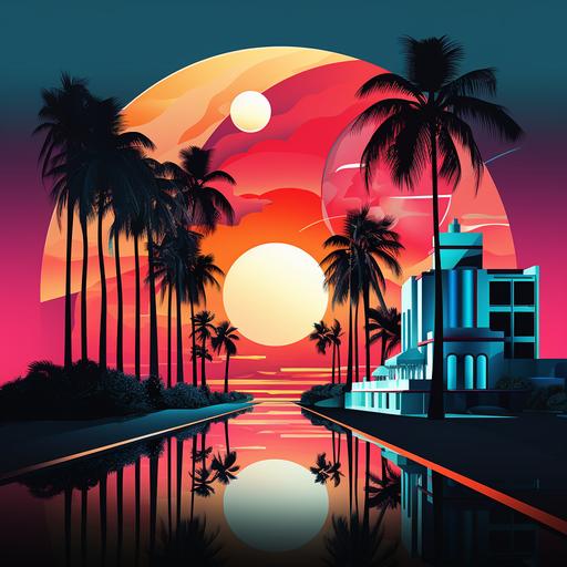 create an art design that dark Miami art deco with bright colors featuring a Miami skyline over looking the ocean, nikon cool pix, Lincoln road vibes v5