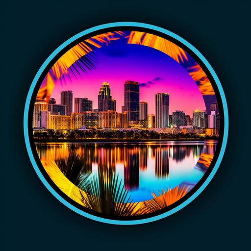 create an art design that dark Miami art deco with bright colors featuring a Miami skyline over looking the ocean, nikon cool pix camera lense v5