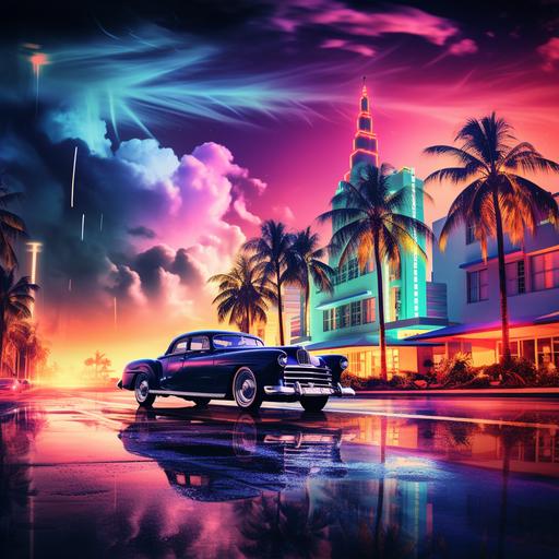 create an art design that dark Miami art deco with bright colors featuring a Miami skyline over looking the ocean, nikon cool pix, Lincoln road vibes v5