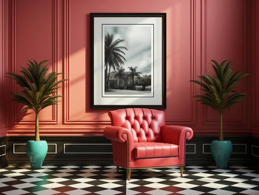create an award winning, minimalist retro mock up of a Parisian apartment. f2.8 bokeh sony a9. Include an empty, blank poster, frame, in the background, blank 24