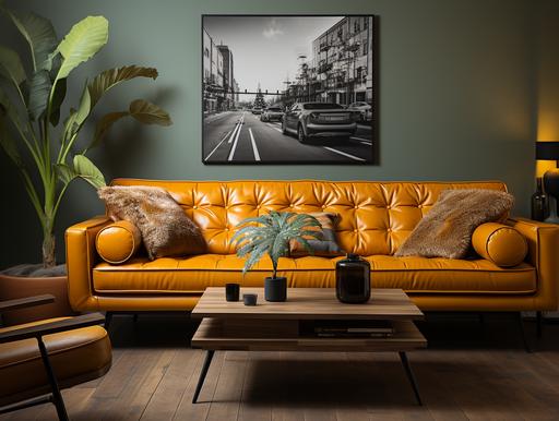 create an award winning mock up of a Parisian apartment. f2.8 bokeh sony a9. It needs to breaks down an interior architecture photograph composition into the following key elements, where each of these key elements is a column: editorial style photo, high angle, retro, living room, leather couch. Mustard yellow and black aesthetic. Include an empty, blank poster, frame, in the background, blank 24