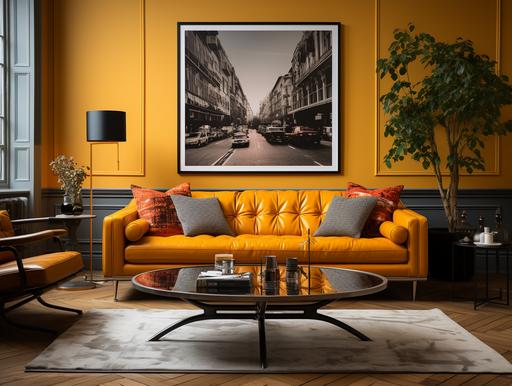 create an award winning mock up of a Parisian apartment. f2.8 bokeh sony a9. It needs to breaks down an interior architecture photograph composition into the following key elements, where each of these key elements is a column: editorial style photo, high angle, retro, living room, leather couch. Mustard yellow and black aesthetic. Include an empty, blank poster, frame, in the background, blank 24