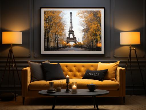 create an award winning mock up of a Parisian apartment. f2.8 bokeh sony a9. It needs to breaks down an interior architecture photograph composition into the following key elements, where each of these key elements is a column: editorial style photo, high angle, retro, living room, leather couch. Mustard yellow and black aesthetic. Include an empty, blank poster, frame, in the background, blank 24