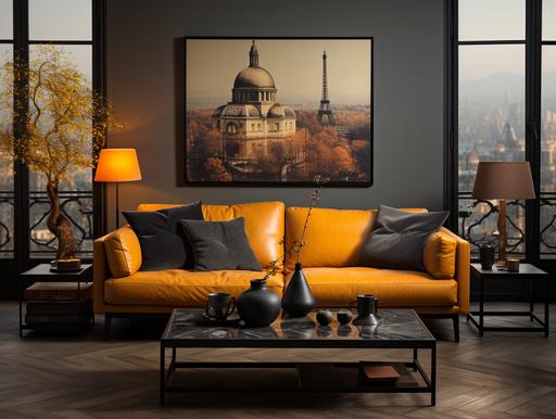 create an award winning mock up of a Parisian apartment. f2.8 bokeh sony a9. It needs to breaks down an interior architecture photograph composition into the following key elements, where each of these key elements is a column: editorial style photo, high angle, retro, living room, leather couch. Mustard yellow and black aesthetic. Include an empty, blank poster, frame, in the background, blank 24