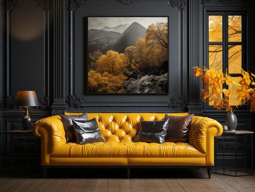 create an award winning mock up of a Parisian apartment. f2.8 bokeh sony a9. It needs to breaks down an interior architecture photograph composition into the following key elements, where each of these key elements is a column: editorial style photo, high angle, retro, living room, leather couch. Mustard yellow and black aesthetic. Include an empty, blank poster, frame, in the background, blank 24